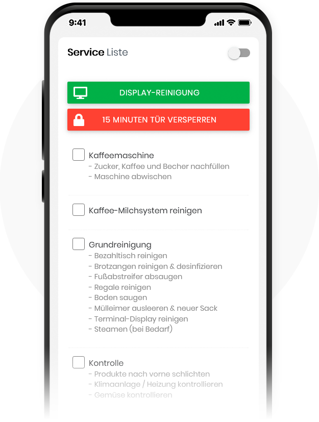 ackerPay® Service-Liste für das Personal im Geschäftslokal